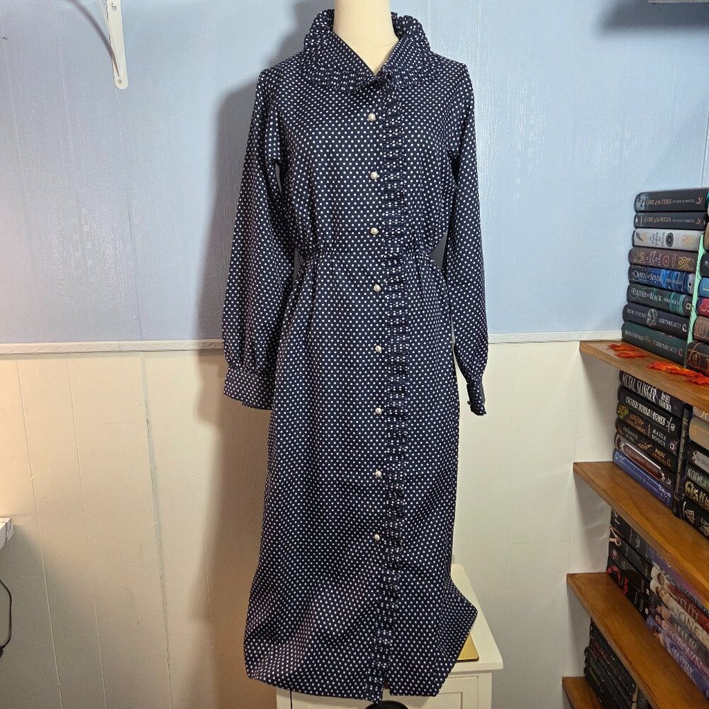 Vintage Abe Schrader Size 10 Navy Blue Polka Dot Peal Ruffle Long Dress